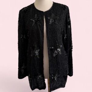 Vintage‎ Black Beaded Sequin Star Motif Evening Jacket — Size M